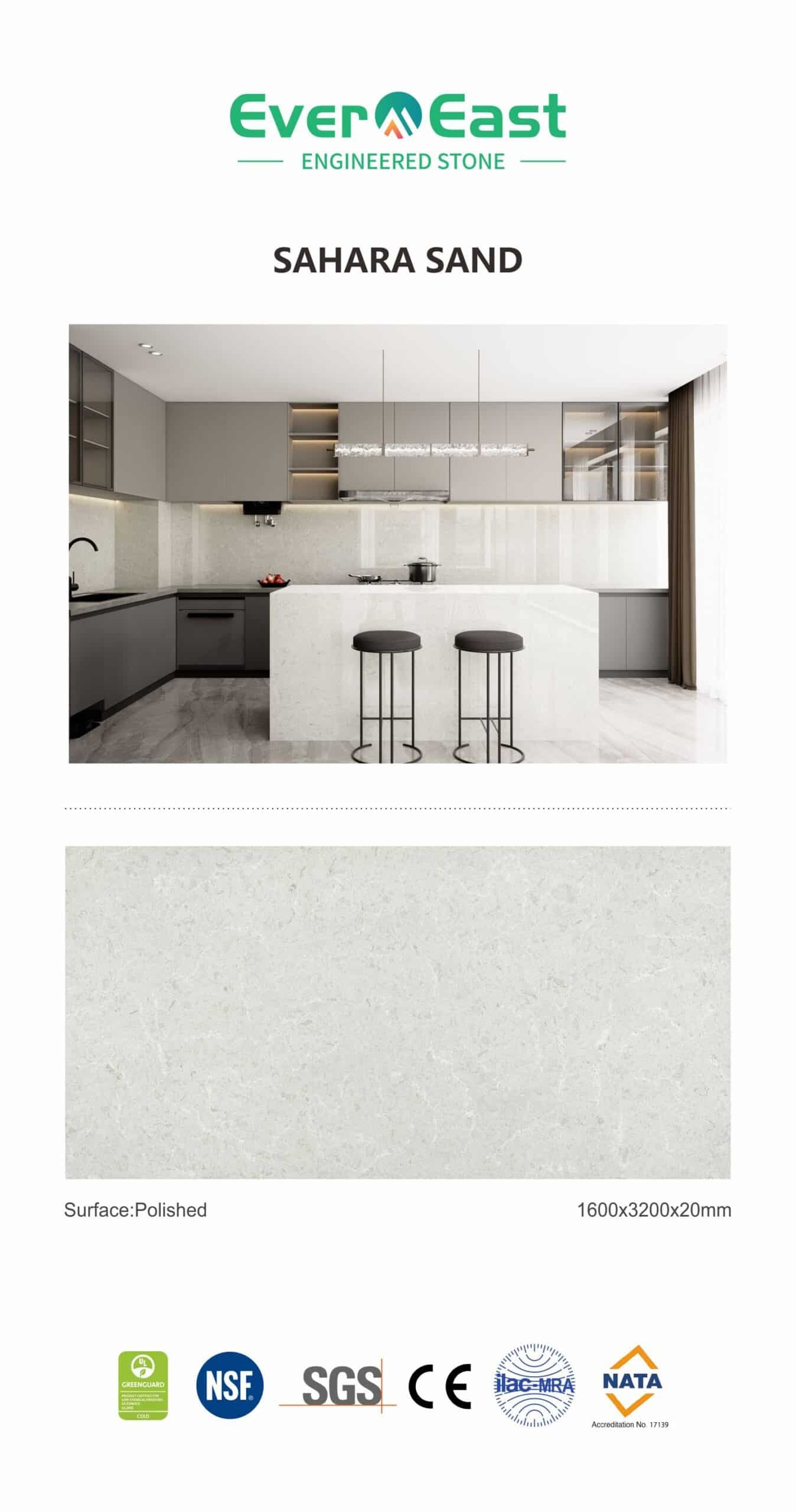 Sahara Sand premium zero-silica engineered stone slab showcasing off-white and sandy-grey tones in a modern kitchen design.