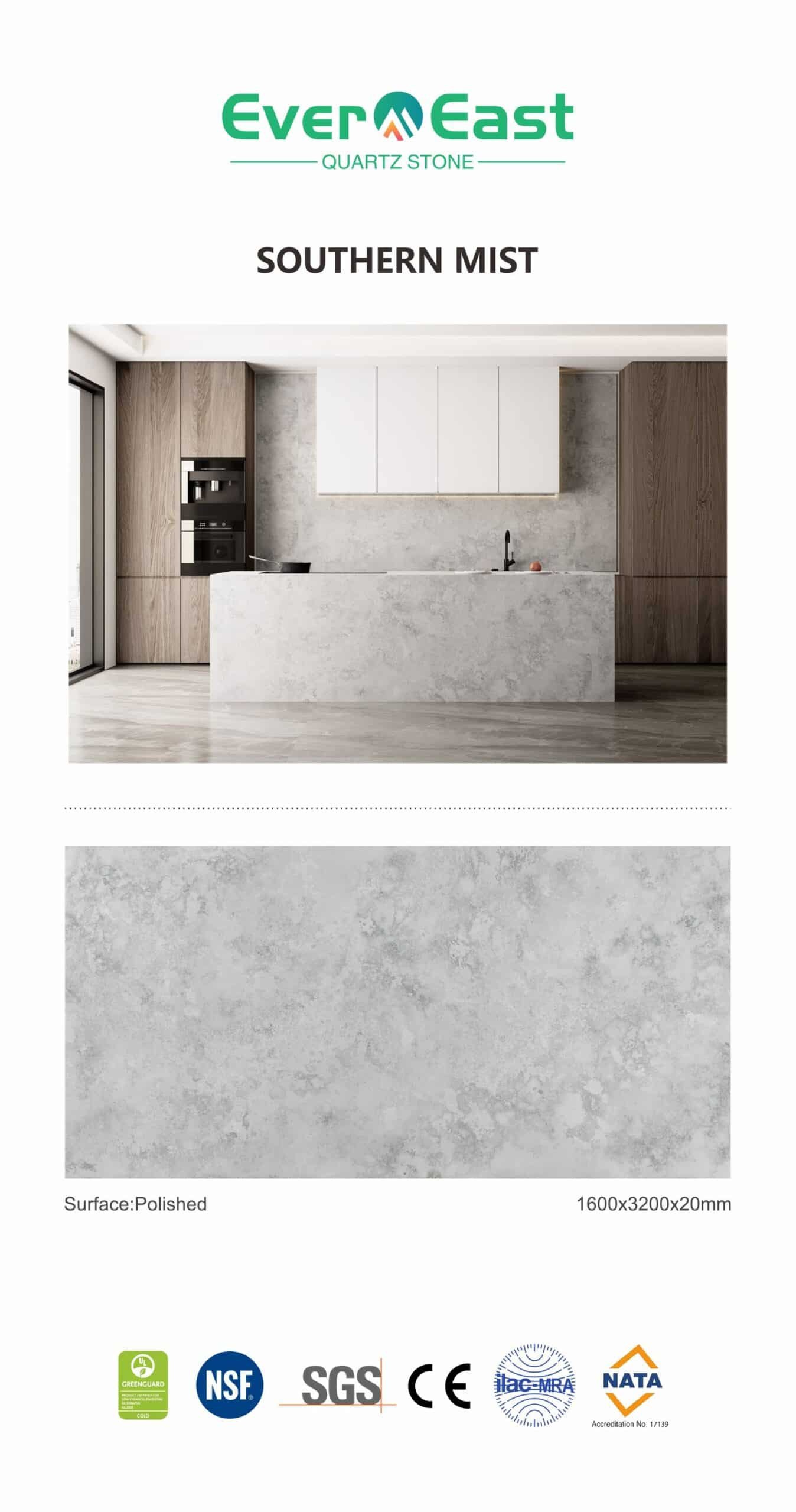Southern Mist engineered stone: premium zero-silica surfacing for kitchen and bathroom design.