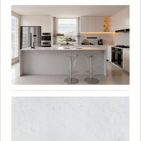 Modern kitchen interior featuring Sky Line engineered stone island bench and splashback.