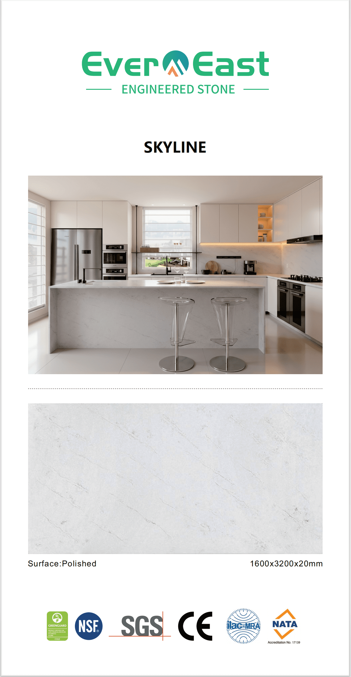 Modern kitchen interior featuring Sky Line engineered stone island bench and splashback.