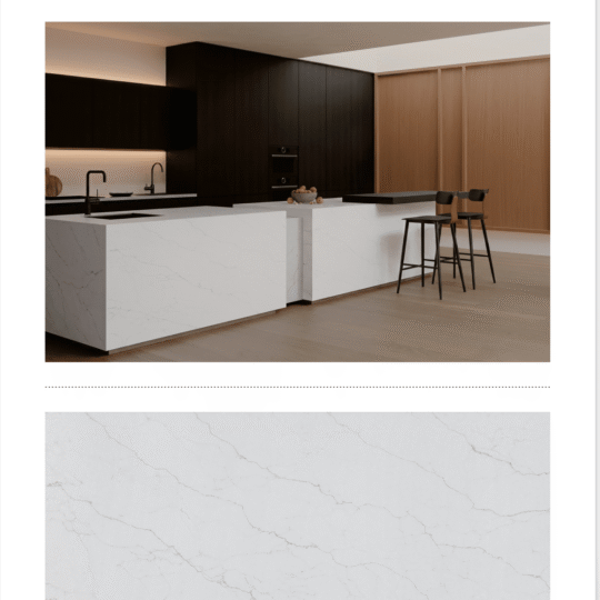 Modern kitchen featuring Tasmanian Rock engineered stone countertop and island with white veining.