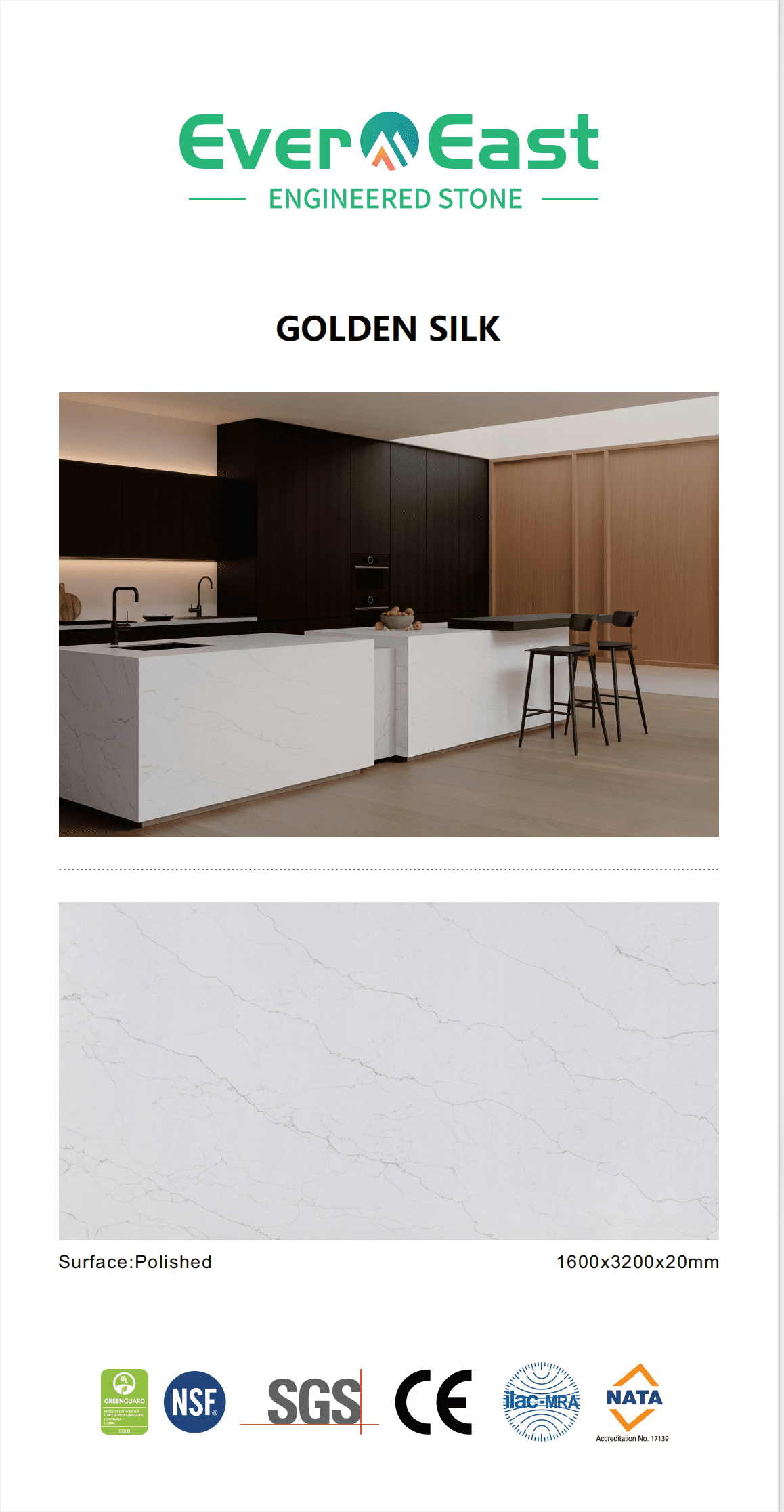 Modern kitchen featuring Tasmanian Rock engineered stone countertop and island with white veining.