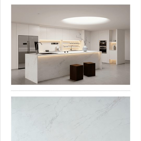 Modern kitchen interior with grey marble porcelain tiles and engineered stone island benchtop
