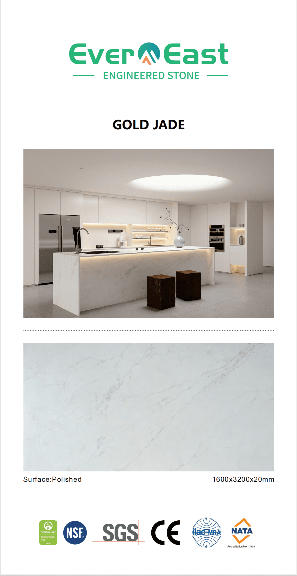 Modern kitchen interior with grey marble porcelain tiles and engineered stone island benchtop