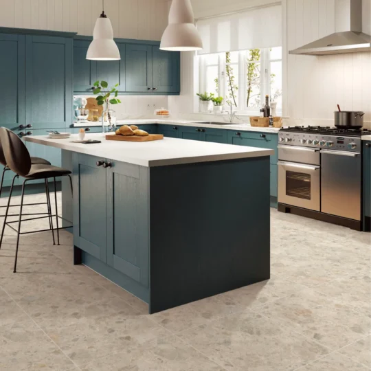 Bedrock Ivory Terrazzo Look Porcelain Tile flooring in modern kitchen design.