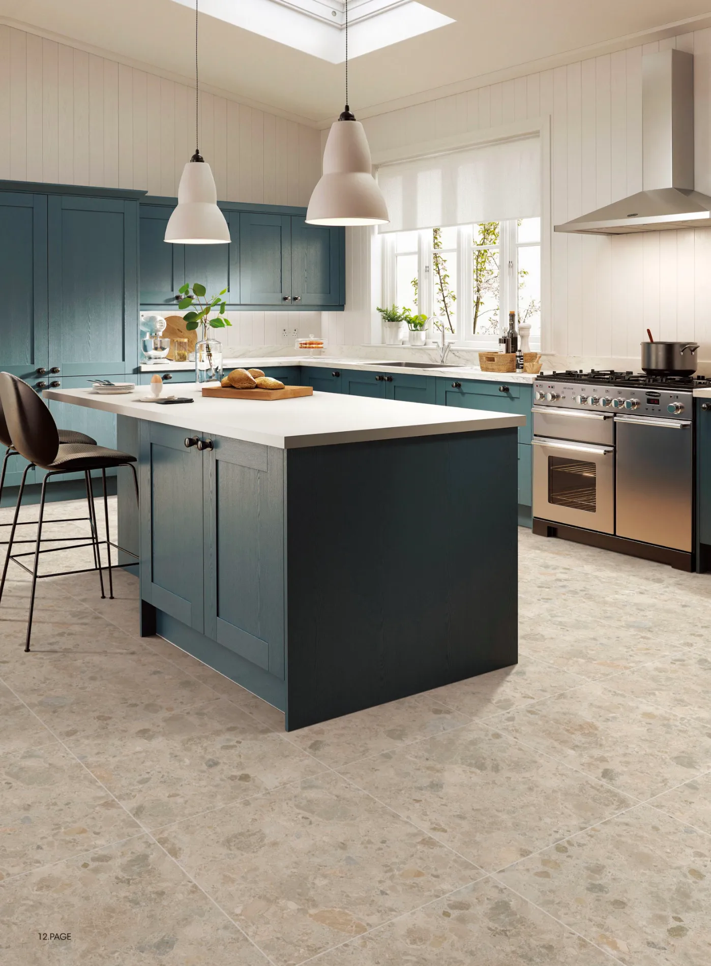 Bedrock Ivory Terrazzo Look Porcelain Tile flooring in modern kitchen interior design.