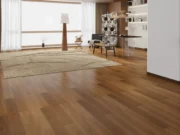 Cocoa Brown SPC Hybrid flooring installation in a modern living room interior.