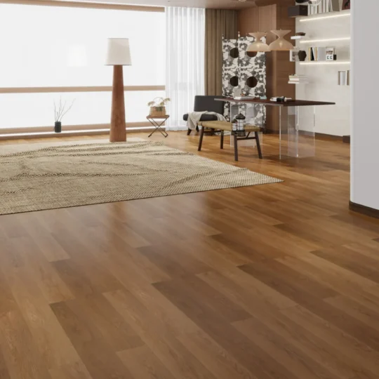 Cocoa Brown SPC Hybrid flooring installation in a modern living room interior.