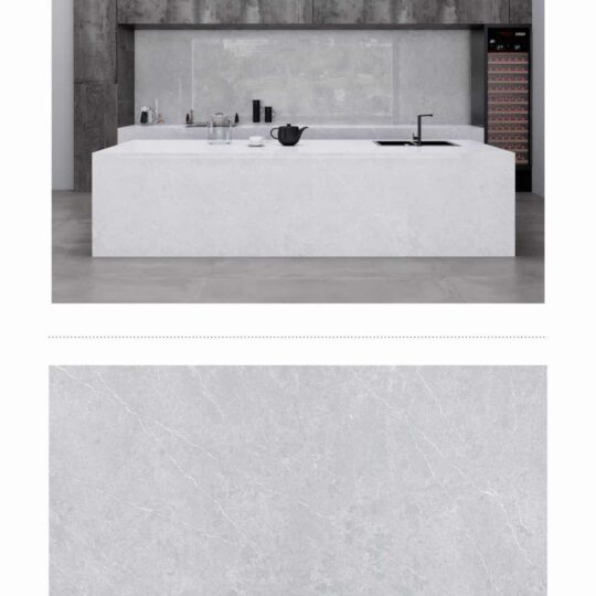 Tasmanian Rock engineered stone slab showcasing grey veining on a white base.