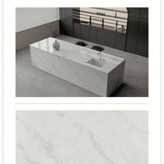 Golden Silk engineered stone kitchen island with grey veining and integrated sink.