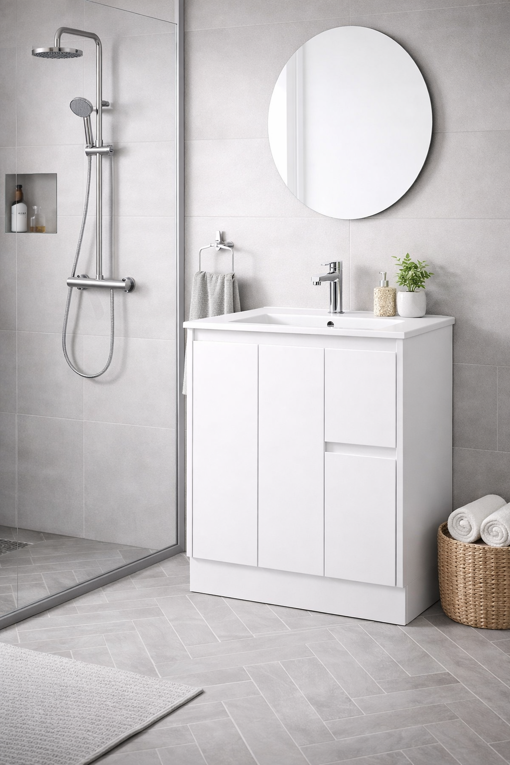 Floor Standing Minimalist Two Pack Vanity with Ceramic Top - Image 11