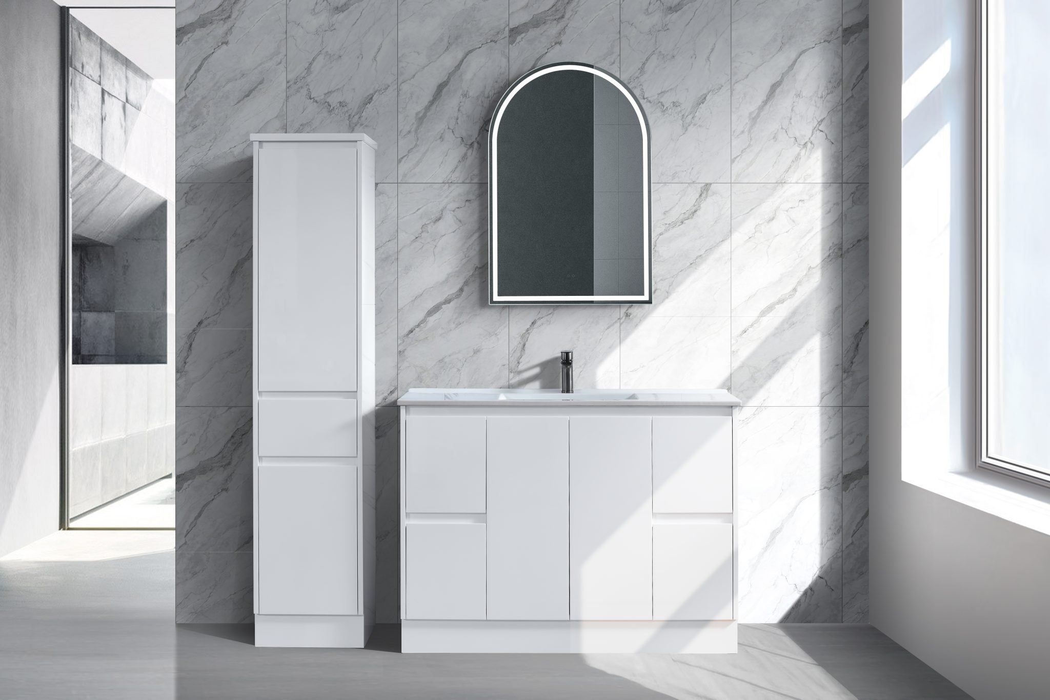 Floor Standing Minimalist Two Pack Vanity with Ceramic Top - Image 5
