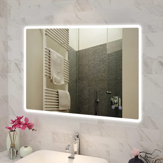 1200x800mm Curved Rim Rectangle 3 Color Lighting LED Mirror Touch Sensor Switch Defogger Pad Wall Mounted