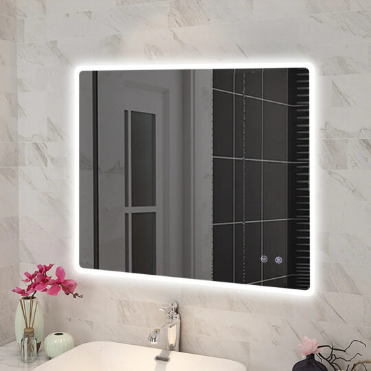 900x750mm Curved Rim Rectangle 3 Color Lighting LED Mirror Touch Sensor Switch Defogger Pad Wall Mounted