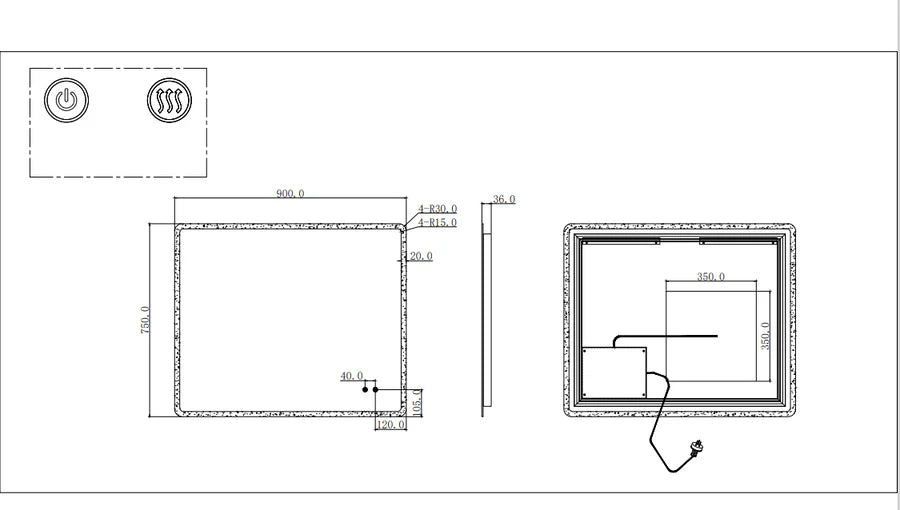 900x750mm Curved Rim Rectangle 3 Color Lighting LED Mirror Touch Sensor Switch Defogger Pad Wall Mounted - Image 2