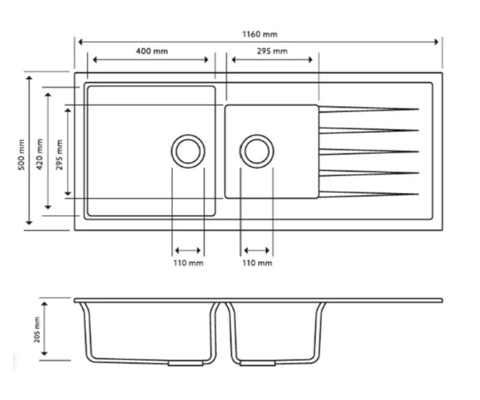 Carysil Vivaldi D200V Granite Sink – 1160 × 500 × 205 mm - Image 4