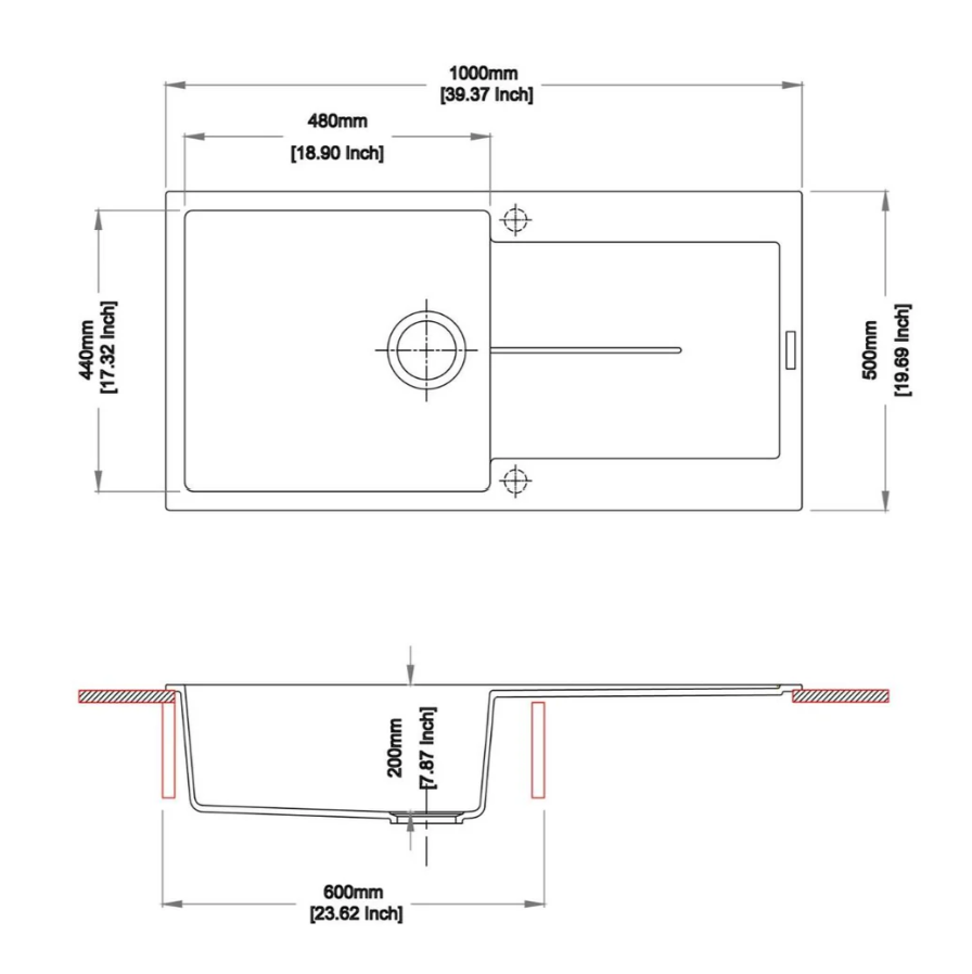 1000 x 500 x 200mm Carysil Enigma D100L Single Bowl With Drainer Board Granite Kitchen Sink Top Mount - Image 3