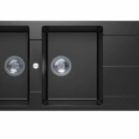 1160 x 500 x 200mm Carysil Enigma D200 Double Bowl with Drainer Board Granite Kitchen Sink Top Mount