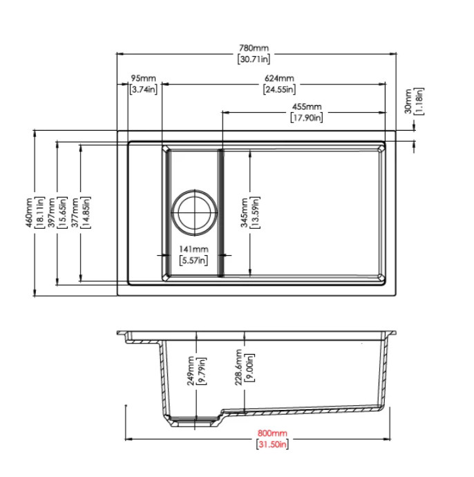 Carysil Harmony Single Bowl Granite Kitchen Sink 780×460×250mm - Image 3