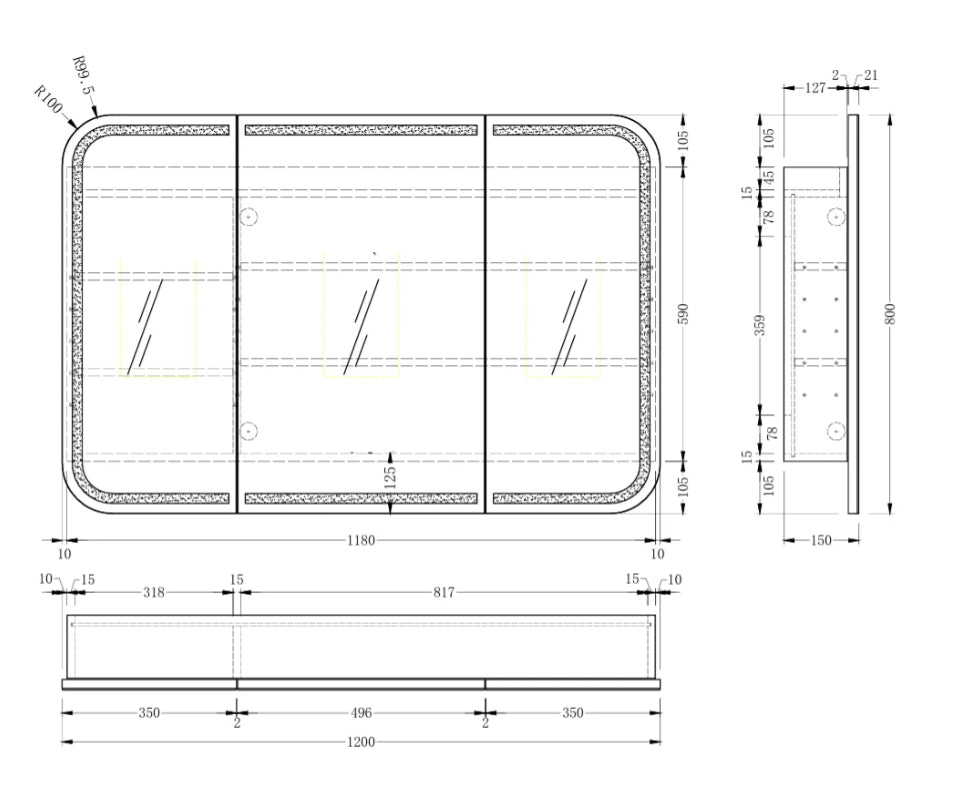 CARYSIL Grand LED Shaving Cabinet — 1200×800mm (Matte White) - Image 3