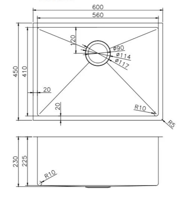 600x450x230mm 1.2mm Handmade Top/Undermount Single Bowl Kitchen Sink 304 Stainless Steel - Image 2