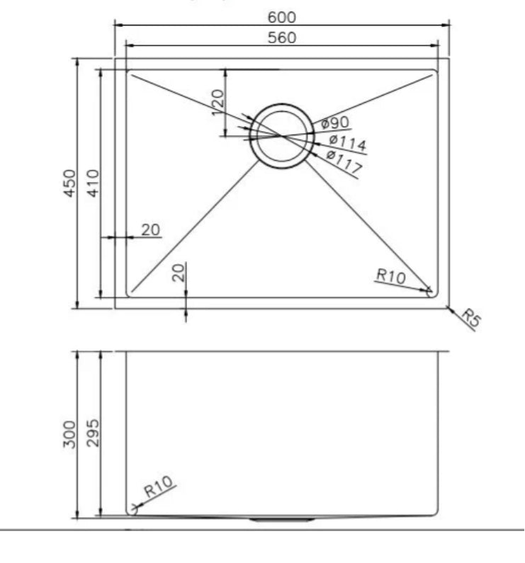 600x450x300mm 1.2mm Handmade Top/Undermount Single Bowl Kitchen/Laundry Sink - Image 2