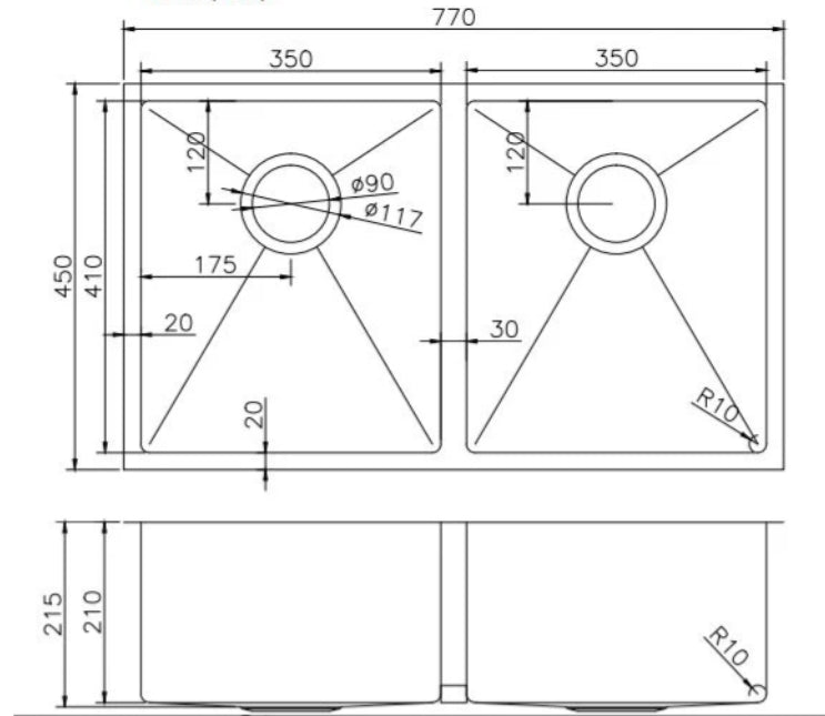 Hand‑Made Double Bowl Kitchen Sink – 770 × 450 × 215 mm - Image 2
