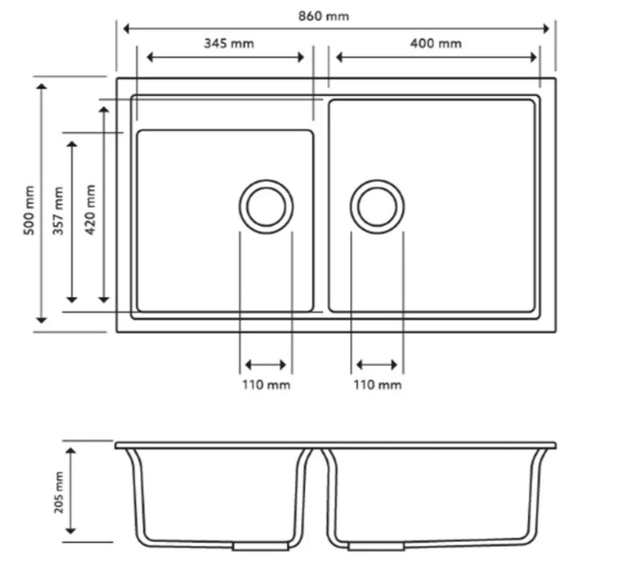 Carysil Double Bowl Granite Sink – 860 x 500 x 205mm - Image 4